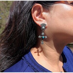 Native Am Earrings Navajo Iodize Sterling‎ Silver Cross Turquoise Jewelry**